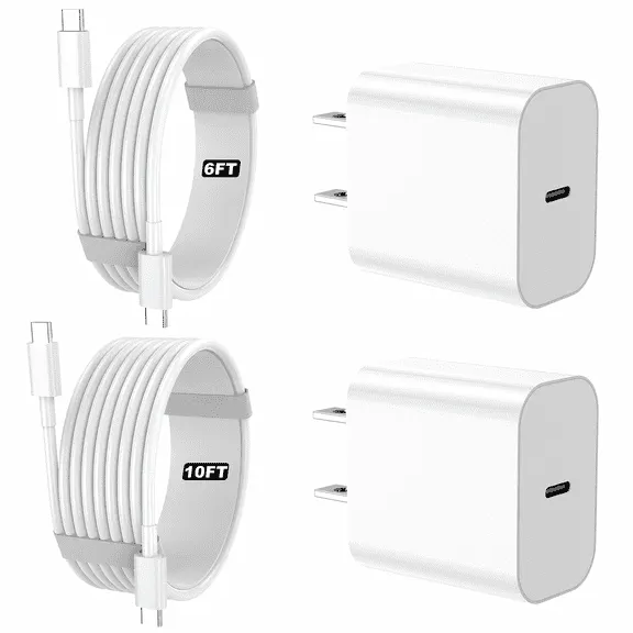 IPhone 17 16 15 Charger, 2 Pack PD 20W Adapter Wall Fast Charger with 6&10ft White USB C Cable Compatible with iPhone 17 16/15/ipad and more