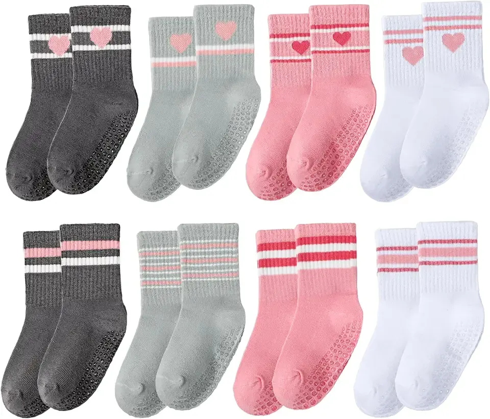 8 Pairs Toddler Grippy Socks, Unisex Baby Cotton Crew Socks with Non-Slip for Girls Boys, Stripe Seamless Heart