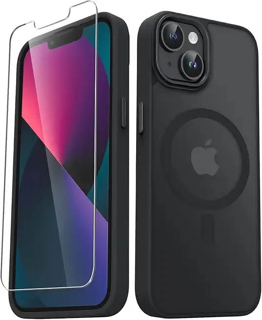 YENAPOON for iPhone 14 Case, iPhone 13 Case, with 1 Screen Protector, Matte Magnetic Slim Phone Cover, Support for Magsafe, Shockproof Protection Translucent Frosted Back,Black