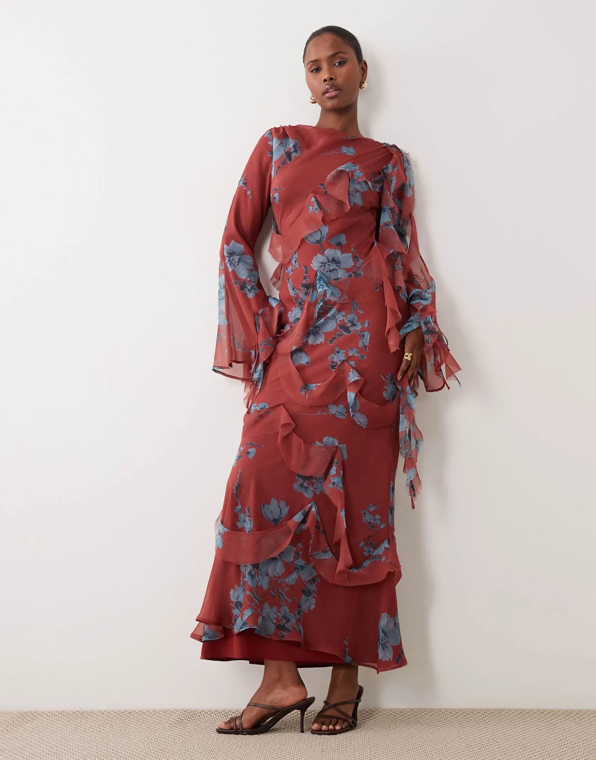 ASOS DESIGN draped raw edge ruffle long sleeve maxi dress in floral print