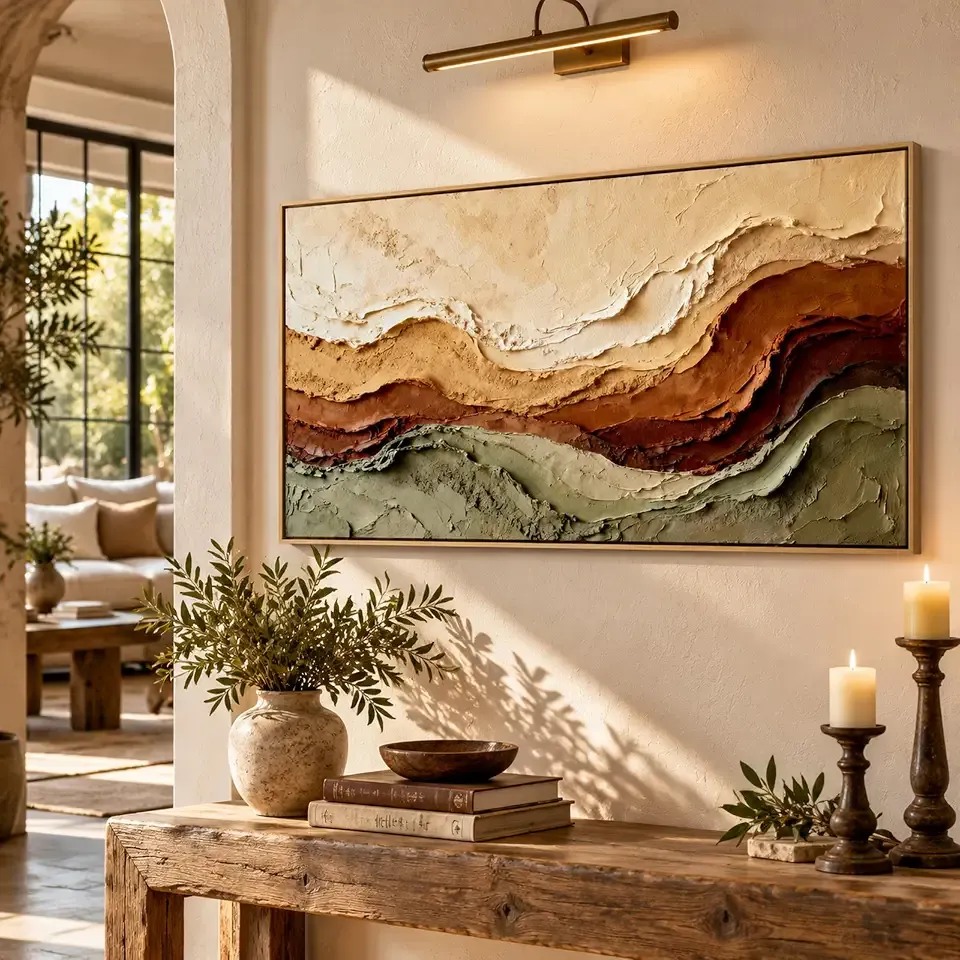 Earth Tone Layered Abstract Wall Art, Framed Canvas, 16x32 Inch