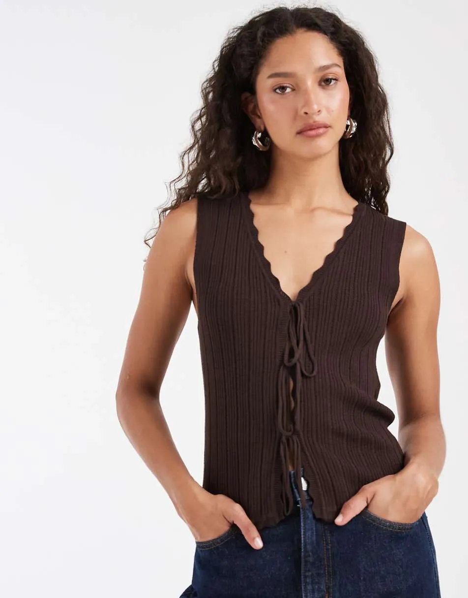 ONLY v-neck tie front knitted vest in chocolate brown
