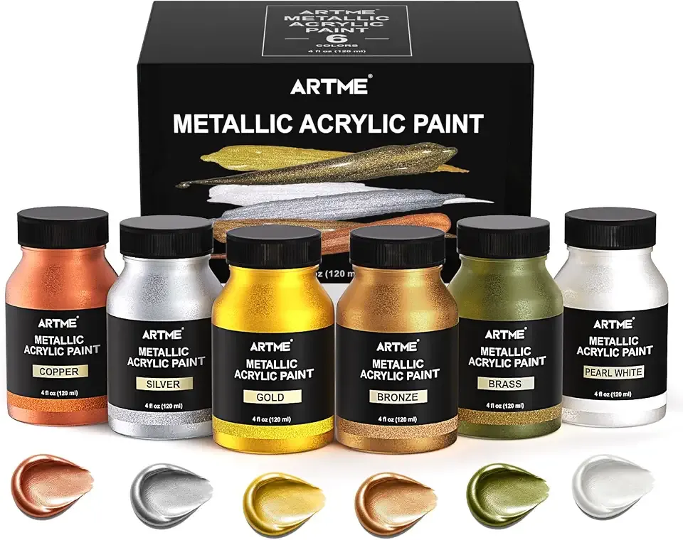 ARTME Metallic Acrylic Paint Set, 6 Colors x 4 oz Gold Leaf Paint