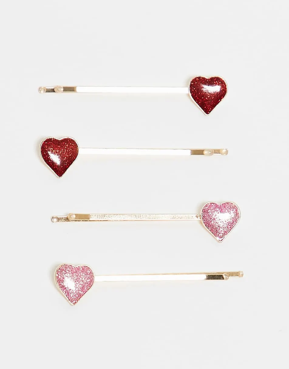 Pieces heart detail hair grips in gold, pink and red