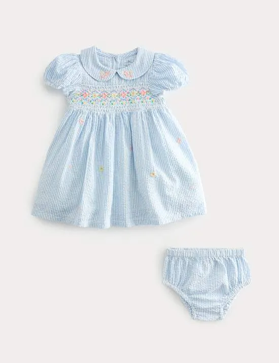 Gesmoktes Kleid aus reiner Baumwolle mit Slip (0–3 Jahre)