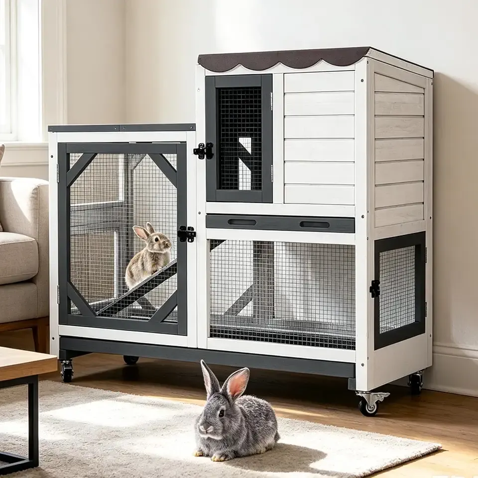 Large Rabbit Hutch Outdoor, 2-Tier Bunny Hutch with Wheels and Waterproof Roof, Wooden Guinea Pig Cage with Leak-Proof Pull-Out Trays, Multi-Door Bunny Cage for Small Animals-Black and White