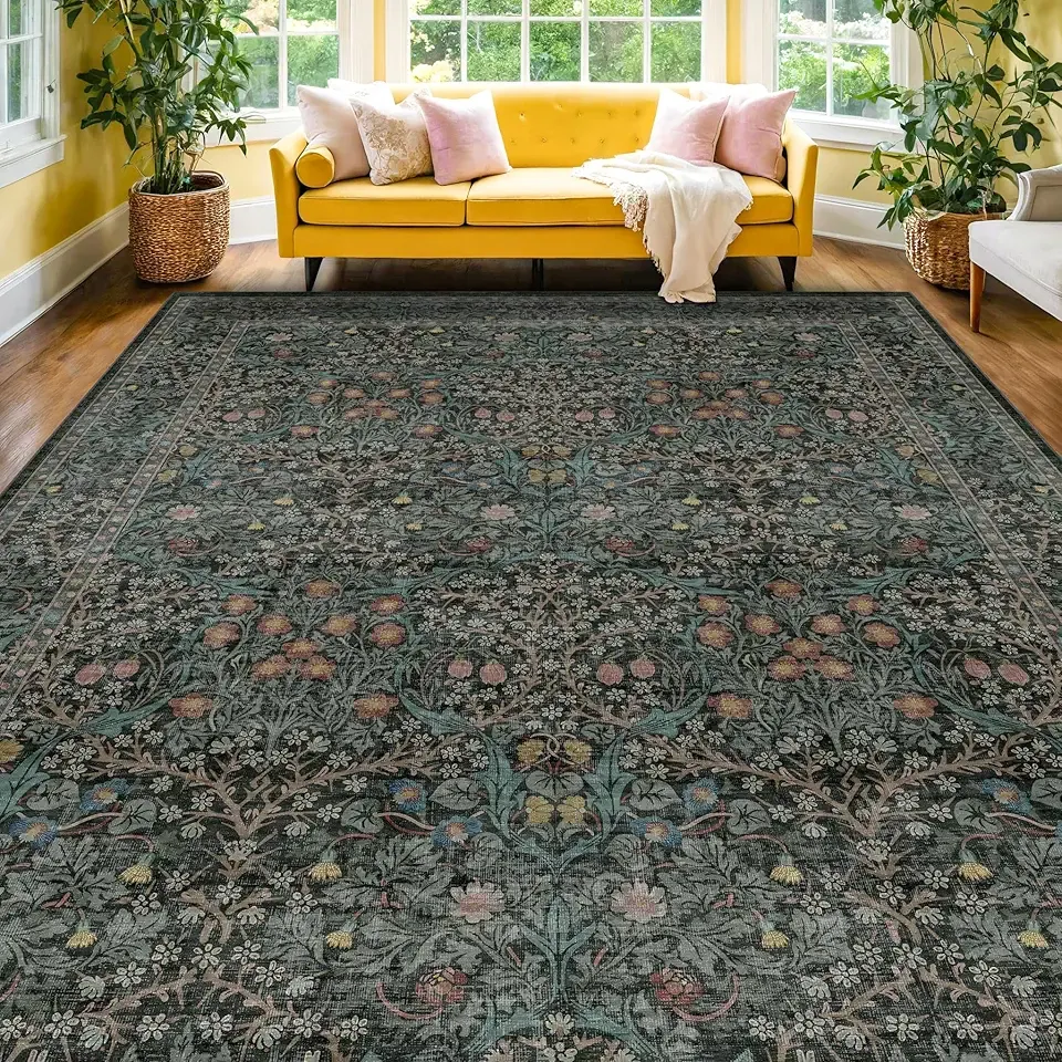 Vintage Dark Green Living Room Rug, 8x10 Washable Area Rugs for Dining Room Under Kitchen Table, Bedroom, Oriental Low Pile Stain Resistant Non-Slip Large Carpet (8x10 Dark Green)