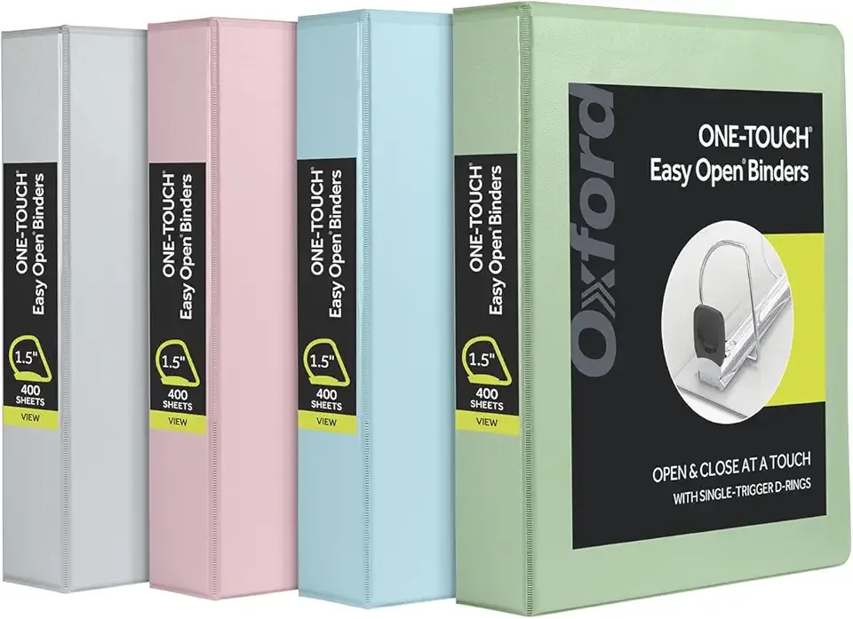 Oxford 3 Ring Binders, Binders for School, 1.5 Inch ONE-Touch Easy Open D Rings, 3-Sided View Binder Covers, Xtralife Hinge, Non-Stick, PVC-Free, Natural Pastels, 375-Sheet Capacity, 4 Pack (79918)