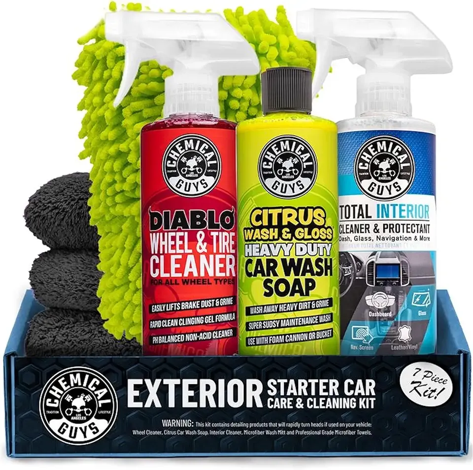 Chemical Guys Car Cleaning Kit - With Car Wash Soap, Wheel Cleaner, Total Interior, Car Wash Mitt - Interior and Exterior Wash Kit With Vehicle Cleaning and Detailing Accessories - 7 Item Kit