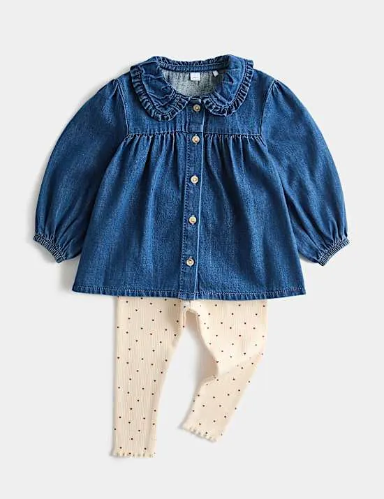 2-tlg. Denim-Set, bestehend aus Bluse und Leggings (0 M. – 5 J.)