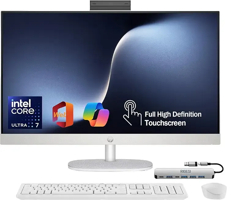 HP 27” FHD Touchscreen All-in-One – Everything to Just Work, Intel Core Ultra 7 155U, 16GB DDR5, 1TB SSD, Free Web Office, HDMI & Ethernet, Windows 11 Pro, USB-C Docking Station Included