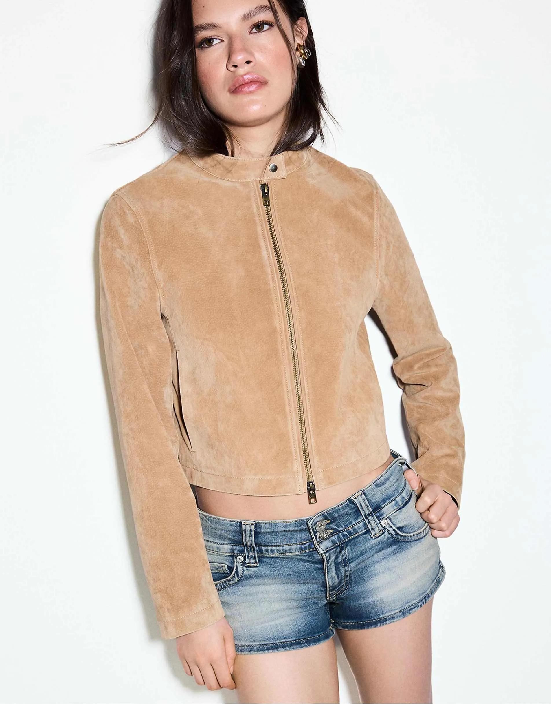 Stradivarius 100% leather biker jacket in stone