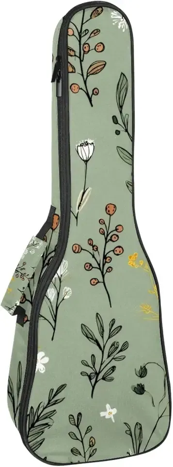 23 Inch Ukulele Case, Doodled Flowers Leaves Herbs and Berries on Sage Green Background Waterproof Ukulele Gig Bag with Adjustable Straps for Concert