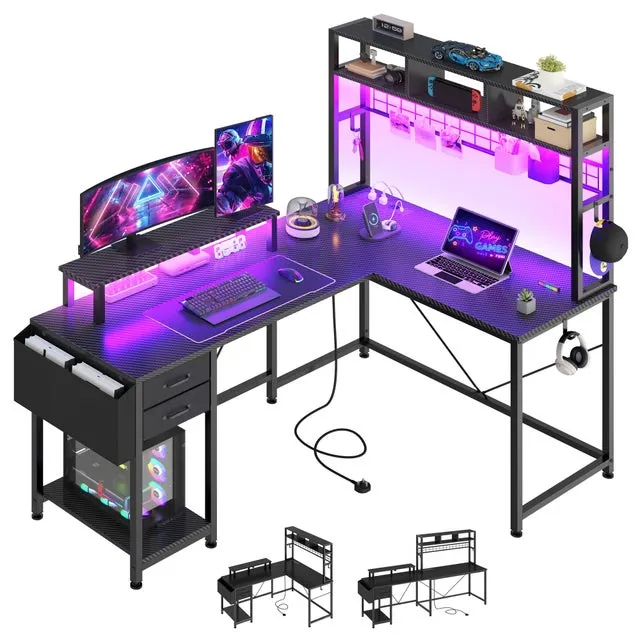 Mesa de juego Balconera en forma de L con toma de corriente y luces LED, 150L×100W×150H cm, color negro