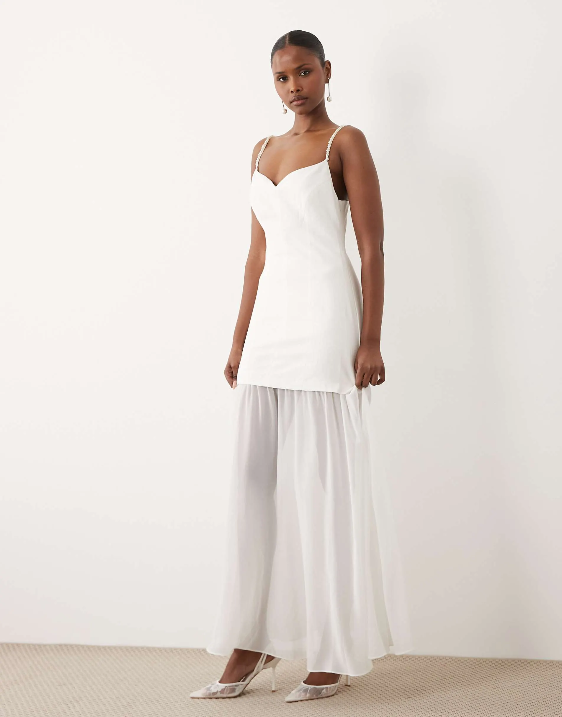 Forever New linen mix mesh skirt pearl strap maxi dress in porcelain