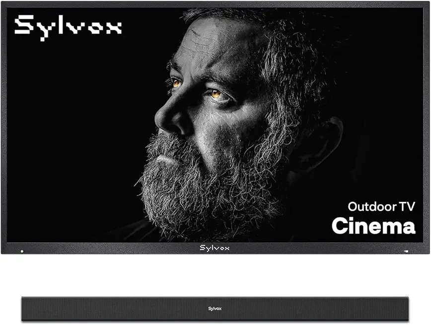 SYLVOX 75'' Cinema 2000 Nits Outdoor TV & S2 Waterproof Soundbar Bundle – Full Sun Patio & Backyard Entertainment, Dolby Atmos, Helio QLED, Google TV, 2.0 Channel 60W Audio