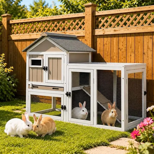Gowoodhut Outdoor Rabbit Hutch, 2 Story Bunny Hutch with Run and Tray | Pull Out Tray, Fir Wood with Asphalt Roof, Expandable Side Design for Connecting Multiple Hutches, 46.5"L x 20"W x 36"H