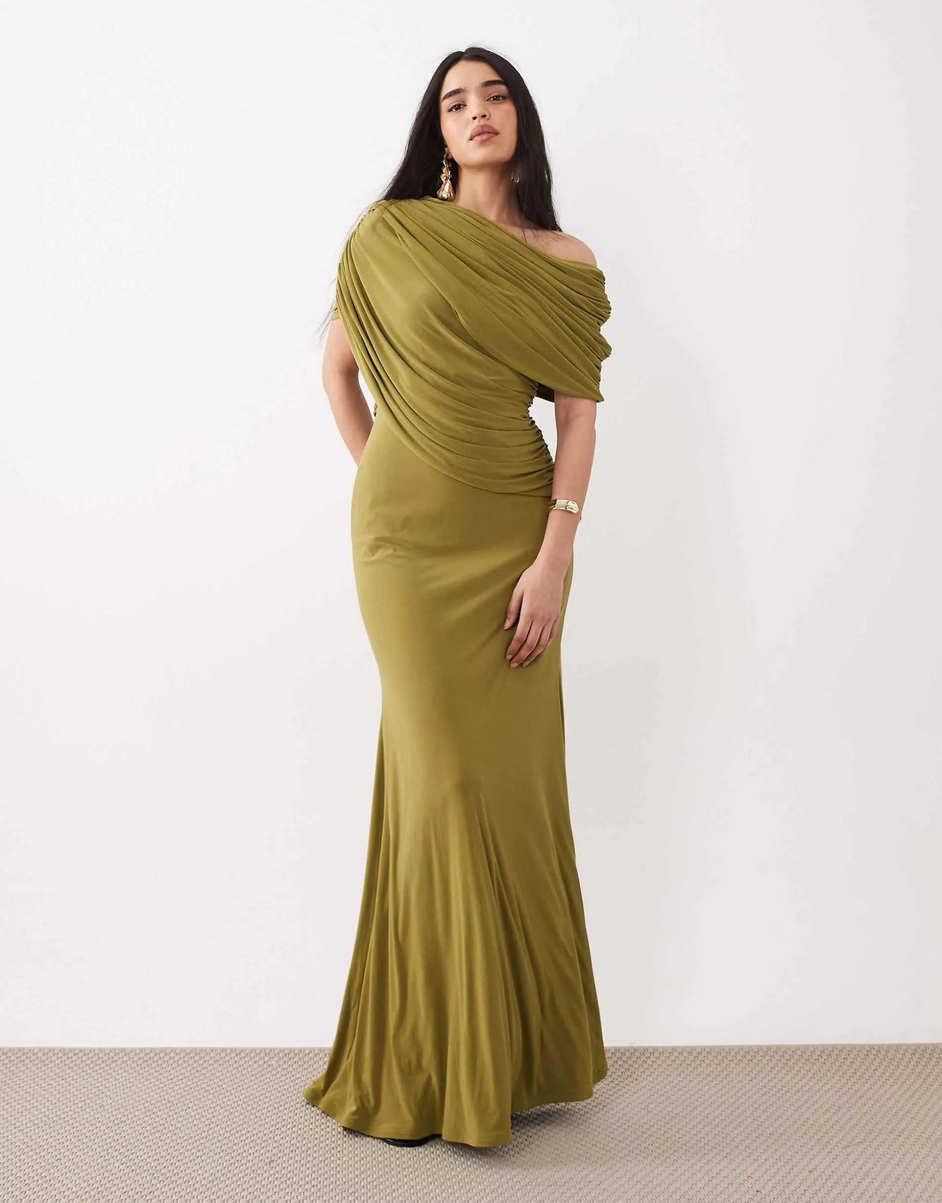 ASOS DESIGN off shoulder wrap bodice detail maxi dress with train in green