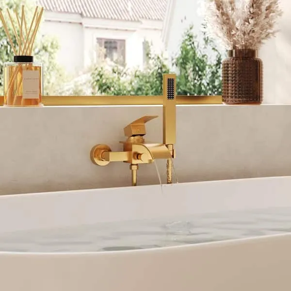 YAWWALK Single-Handle Wall Mount 2-Hole Waterfall Roman Tub Faucet 3.6 GPM with Hand Shower in Brushed Gold (Valve Included)