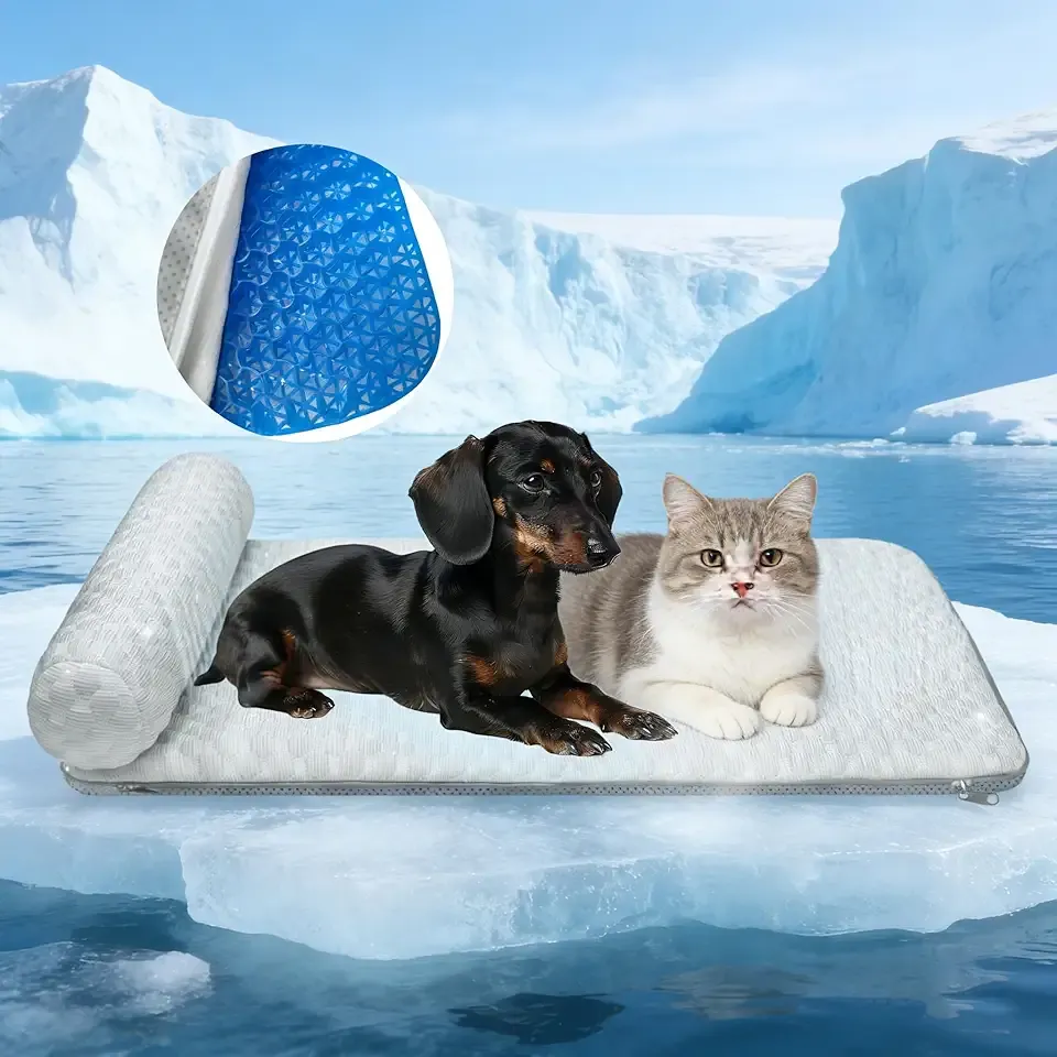 Pet Cooling Mat for Cats & Small Dogs, Self-Cooling Fabric with Supportive Pillow, Non-Gel Leak-Proof Washable, Indoor Outdoor Use