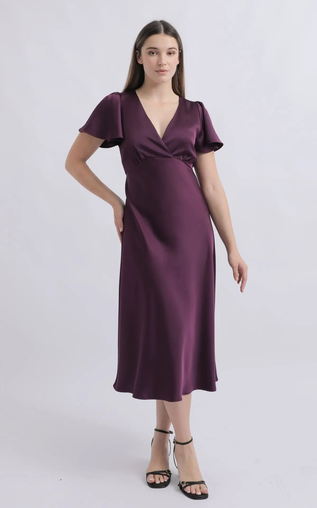 Satin Flutter Sleeve Midi Dress