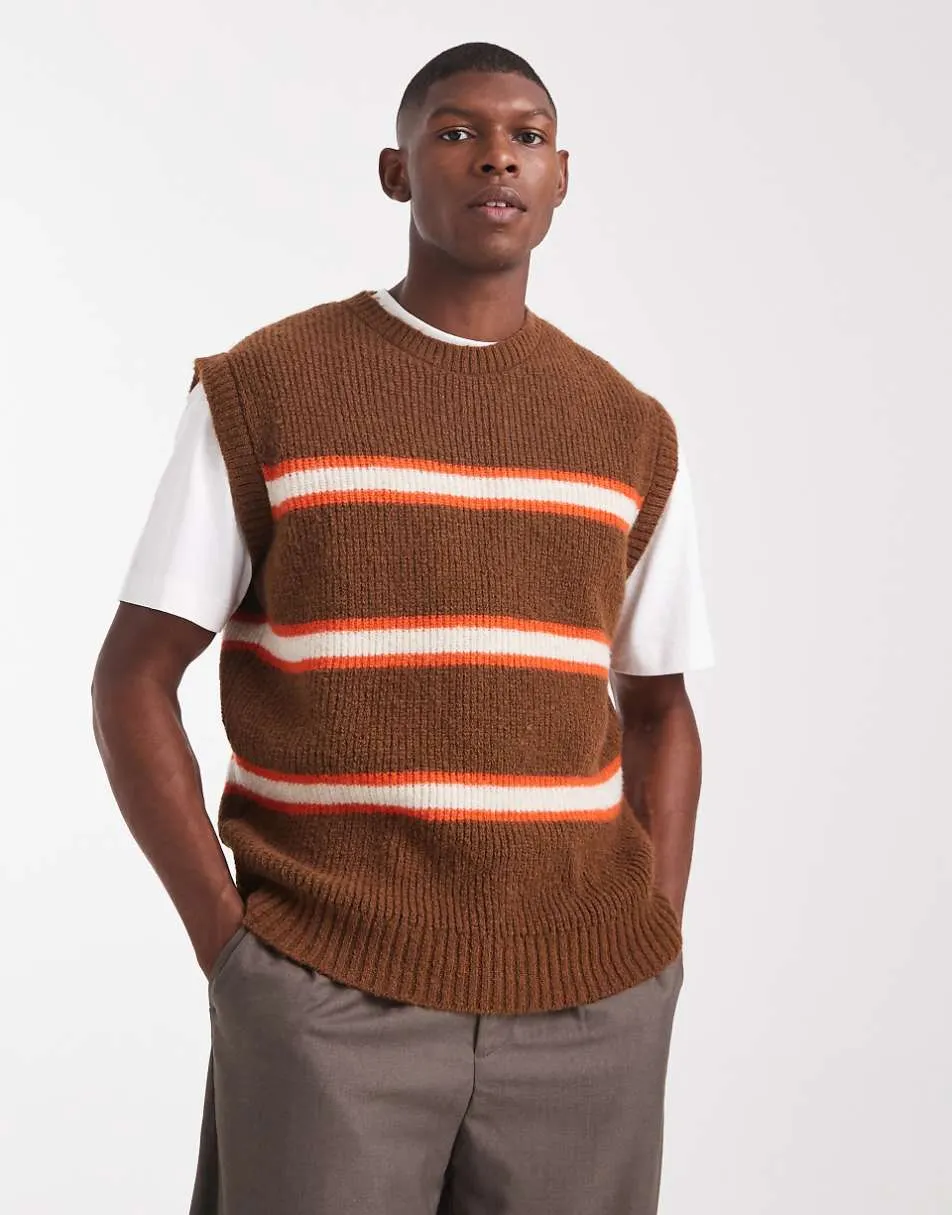 ASOS DESIGN relaxed knitted vest in brown and orange stripe