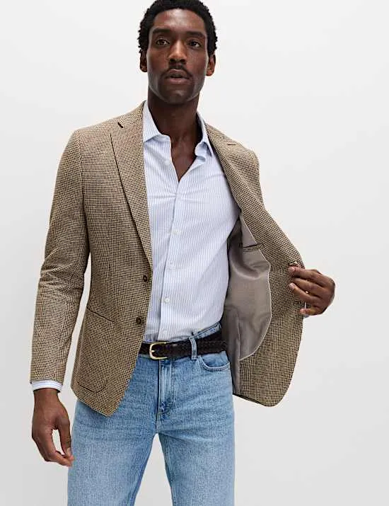 Tailored Fit Cotton Linen Houndstooth Blazer
