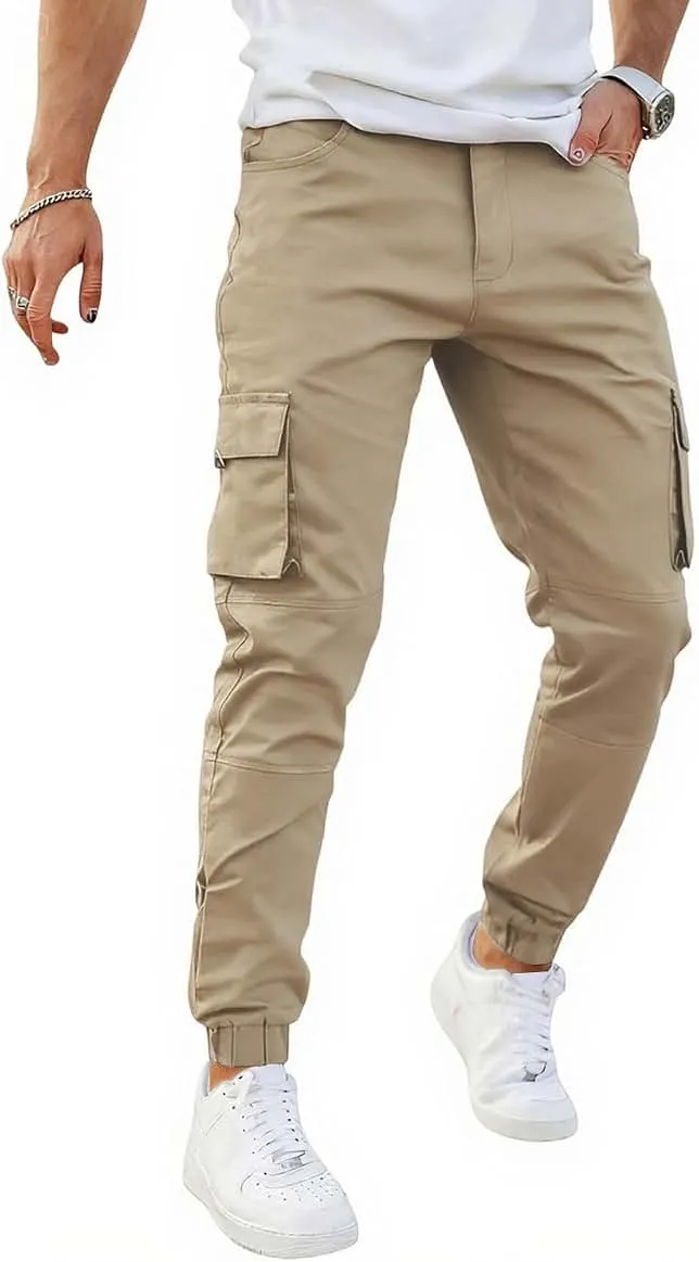 GINGTTO Cargo Joggers Men Cotton Slim Fit Stretch Camo Pants Elastic Waist | 6 Pockets,Tapered leg,Heavy weight,30in,Work,Hiking,