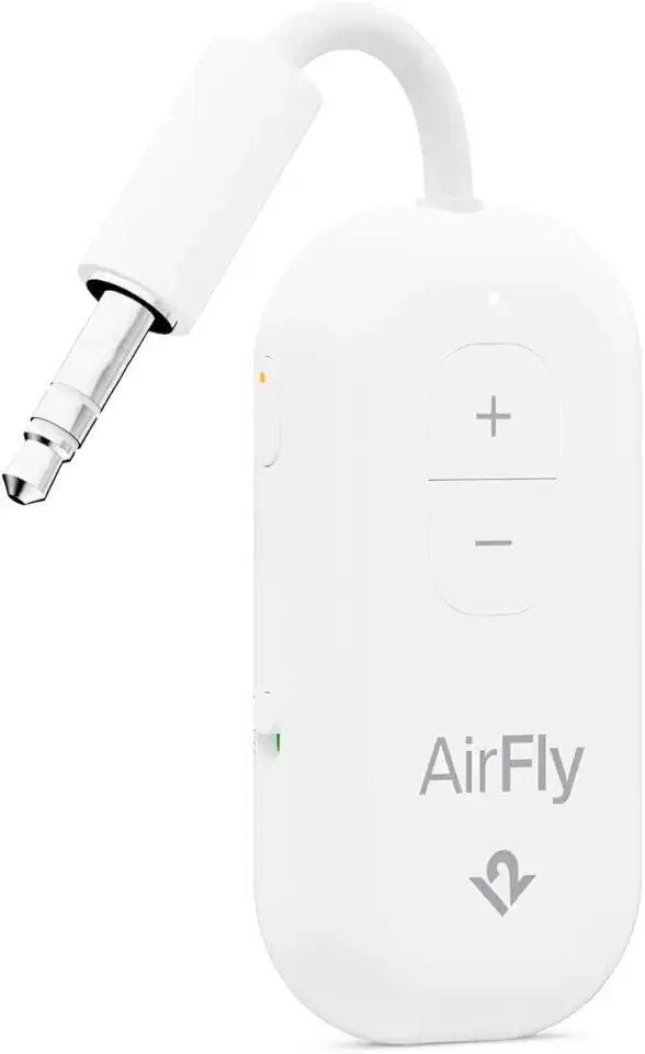 AirFly Pro 2 – Bluetooth Adapter, Pair 2 AirPods or Wireless Headphones – 3.5mm AUX Bluetooth Transmitter and Receiver for Cars, Boats, Treadmills, TVs & More – Travel Essentials,White