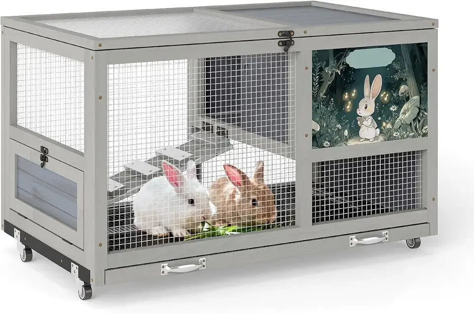 COZIWOW 36.5-Inch Double-Decker Wooden Rabbit Hutch with Wheels, Featuring A Cleaning Tray and Ladder—Stylish and Easy to Assemble(Grey and Pattern)