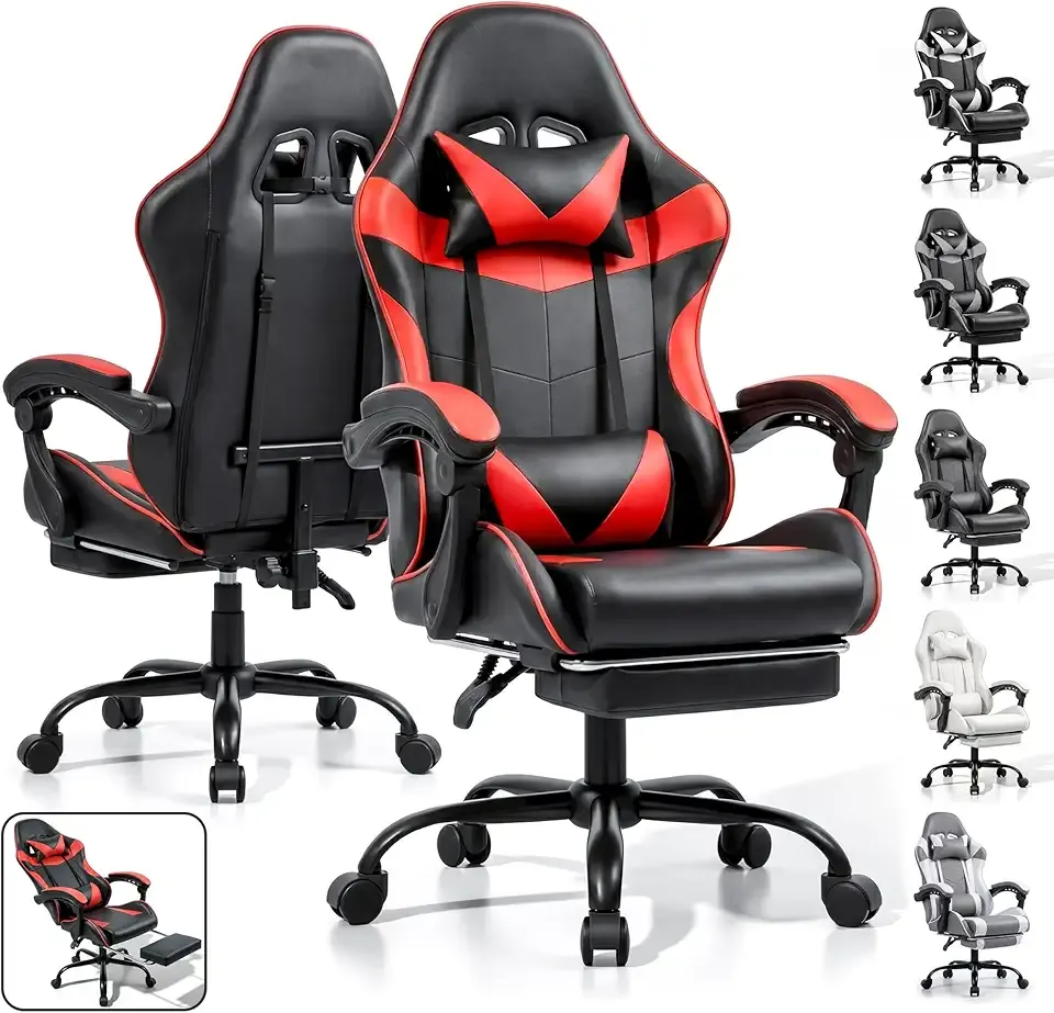 Gaming Chair, Ergonomic Computer Chair with Footrest and Lumbar Support, Height Adjustable Office Chair with 360° Swivel Seat and Headrest (Red & Black)