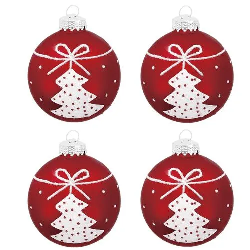 Enchanted Forest® 2.75" Red with Glitter Tree & Bow Glass Ornaments - 4 Pack