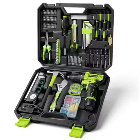12V Cordless Drill Tool Set for home use, lithium-ion battery, green color, 25+1 torque settings and ergonomic design