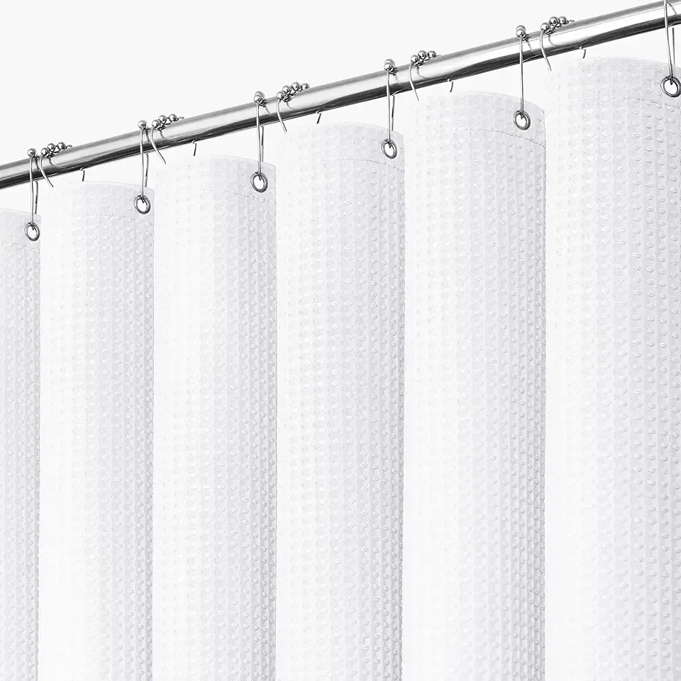 Dynamene White Fabric Shower Curtain, Waffle Weave Heavy Duty Thick Fabric Shower Curtains for Bathroom, 256GSM Weighted Hotel Luxury Cloth Shower Curtain Set with 12 Plastic Hooks, 72Wx72H, White