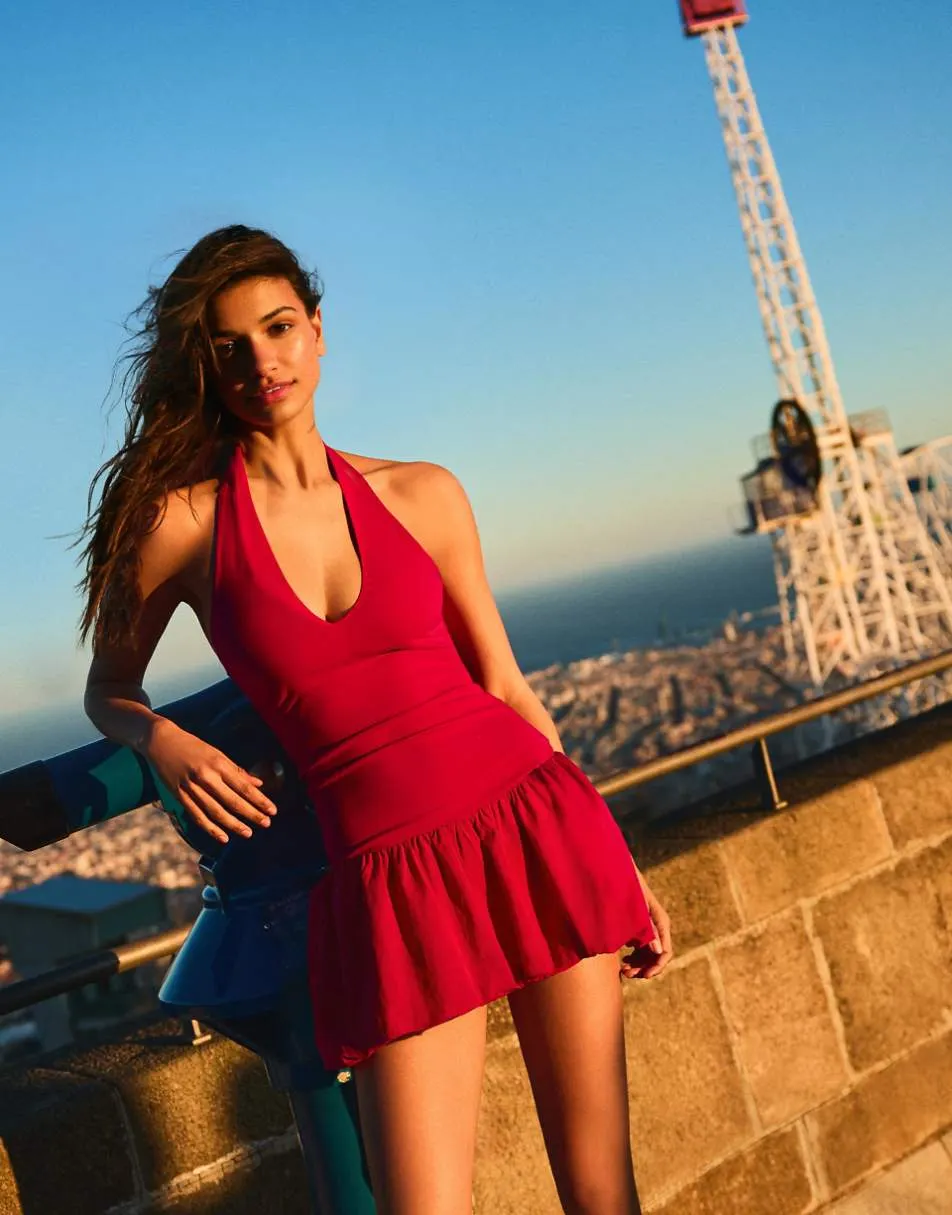 Bershka Bengaline mini balloon dress in red