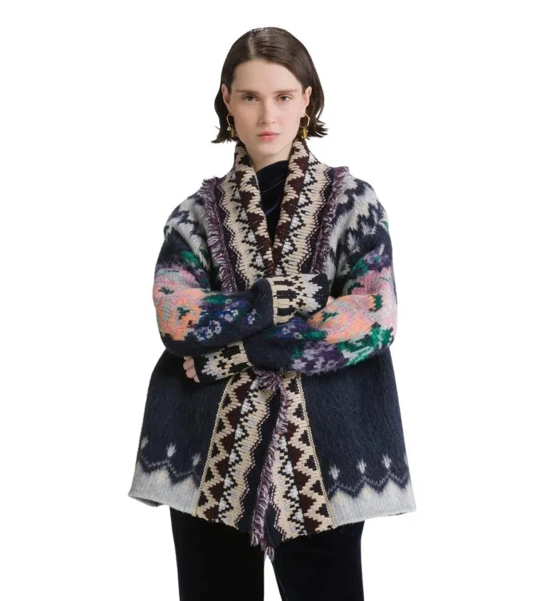 “The Highlands Garden” Oversized Jacquard Cardigan - Marine