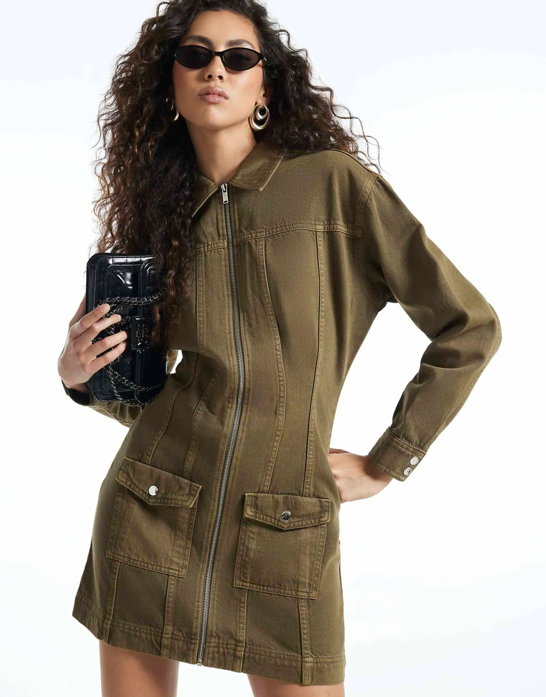 River Island Denim zip through dress in khaki