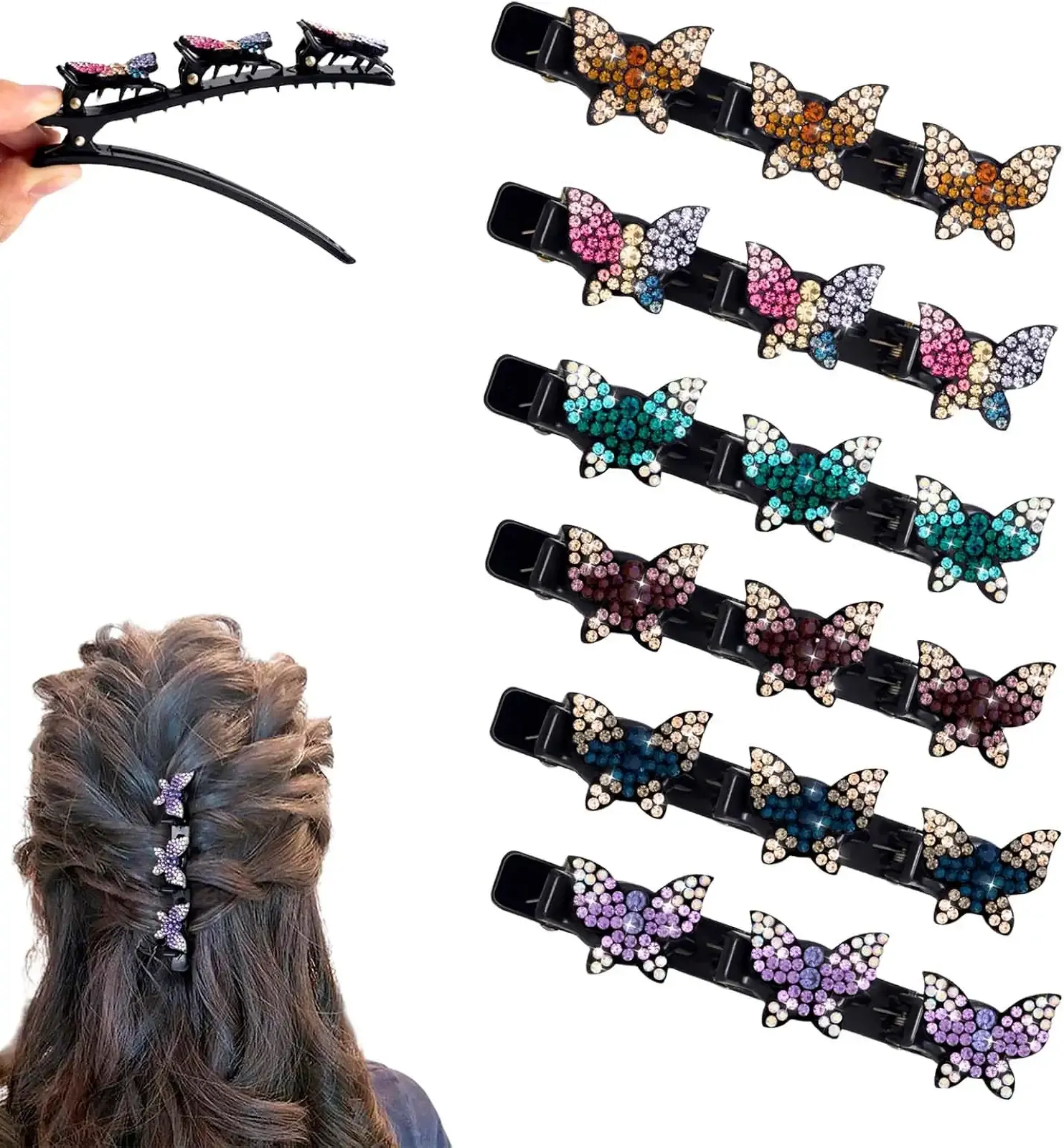 Sparkling Crystal Stone Braided Hair Clips for Women and Girls, 2025 New Rhinestone Hair Clips Hair Braid Clips, Easily Braided Hair Bands, Shiny Rhinestone Hair Clip (Mixs, 6PCS)