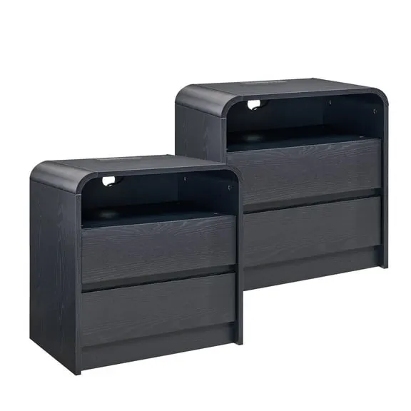 wow97e Modern Nightstand Set of 2, Bedside Table w/2 Drawers and Charging Station, Curved Profile Design, Mid Century End Table for Bedroom, Living Room