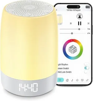 Generatore di rumore bianco a 8 colori, 32 melodie rilassanti, timer di spegnimento, sveglia e funzione snooze.