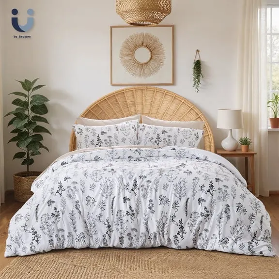 2 Pieces Comforter Sets, 1 Soft Reversible Botanical Flowers Comforter and 1 Pillow Sham, White, Twin Size