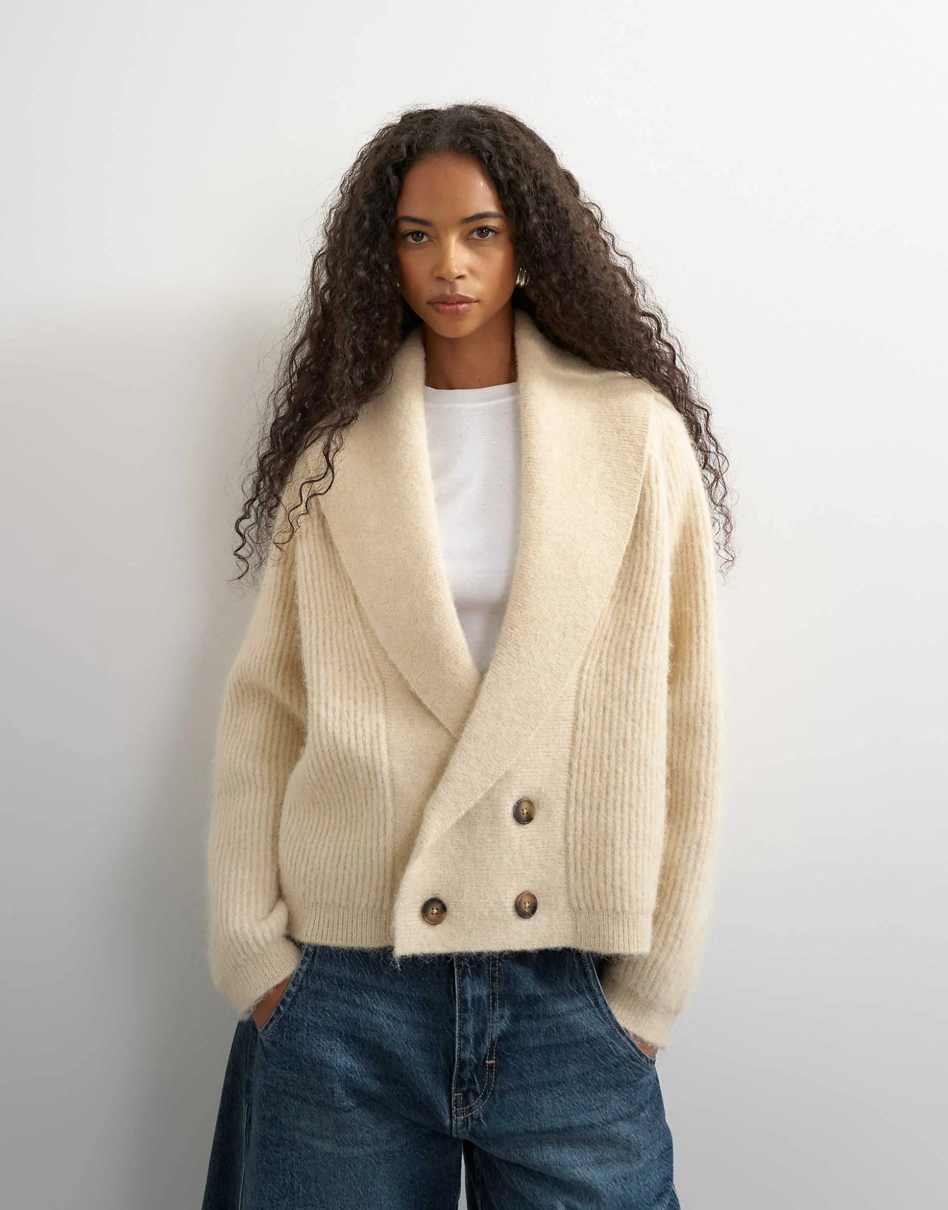 Topshop knitted slouchy button front shawl collared cardigan in latte
