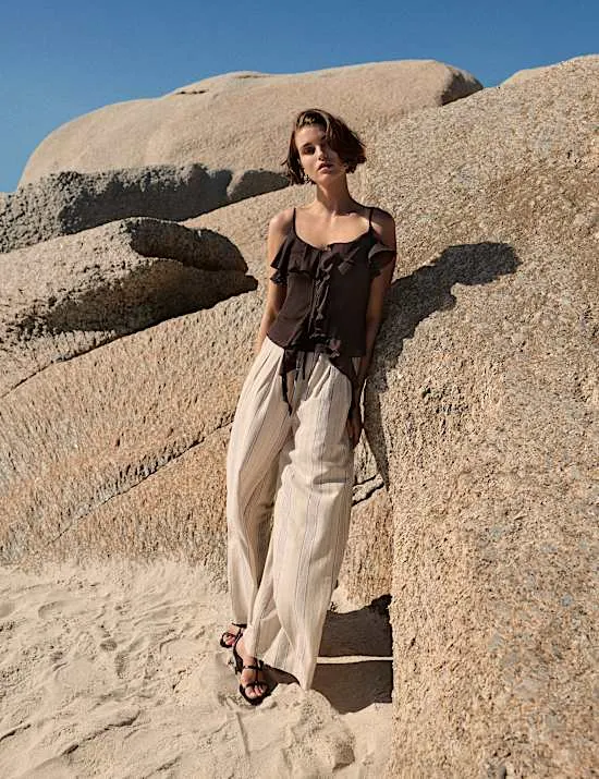 Striped Wide Leg Trousers with Linen