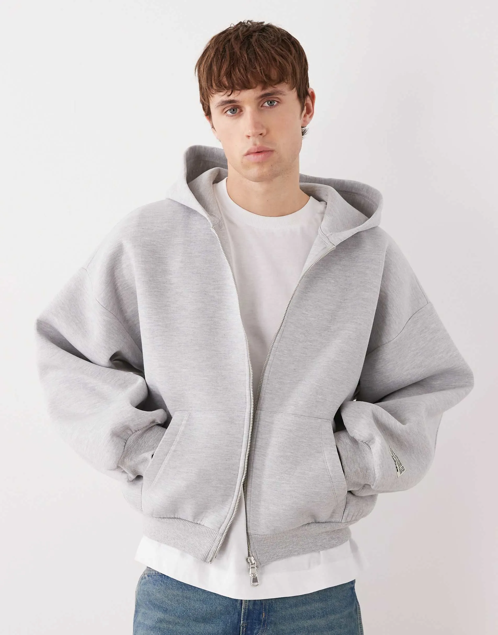 COLLUSION zip through heavyweight boxy hoodie in grey