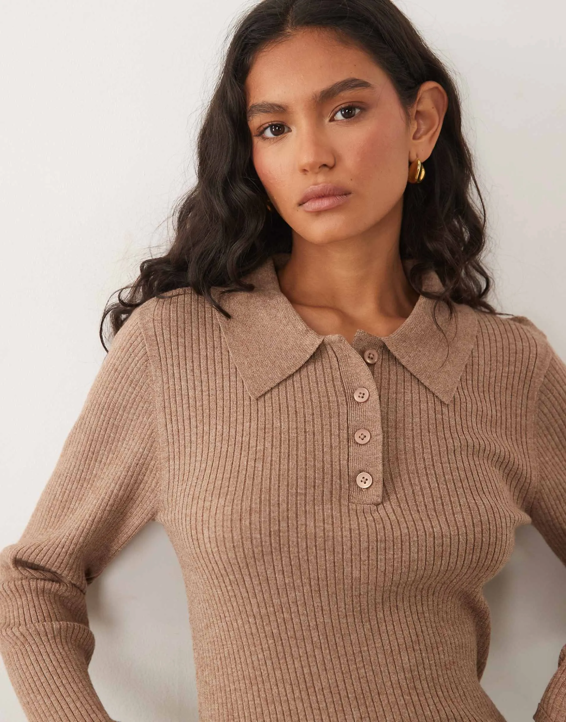 Threadbare long sleeve knitted polo top in oat