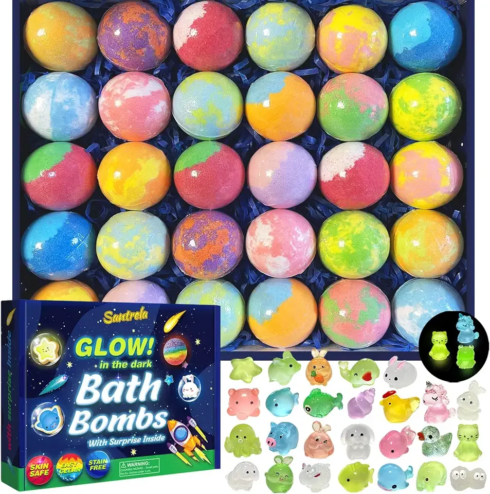 Bath Bombs for Kids with Surprise Inside, 30 Pack Kids Bath Bombs with Toys Glow in The Dark, Child-Safe Colorful Bubble Fizzy Bath Bomb, Halloween Parties and Trick-or-Treat Fun, Christmas Gift Set