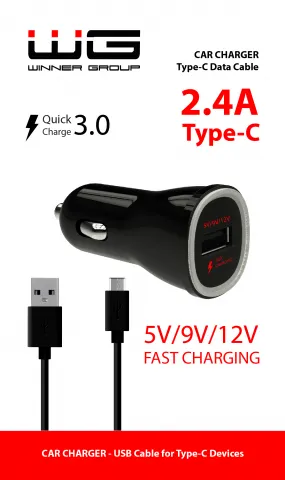 Autonabíječka Fast Charging USB (2.4A) + kabel Type C černá
