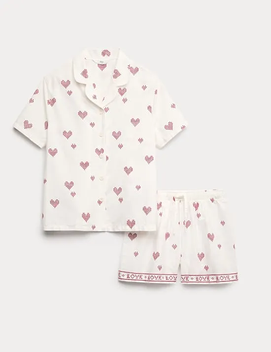 Pure Cotton Poplin Heart Revere Pyjamas (6-16 Years)