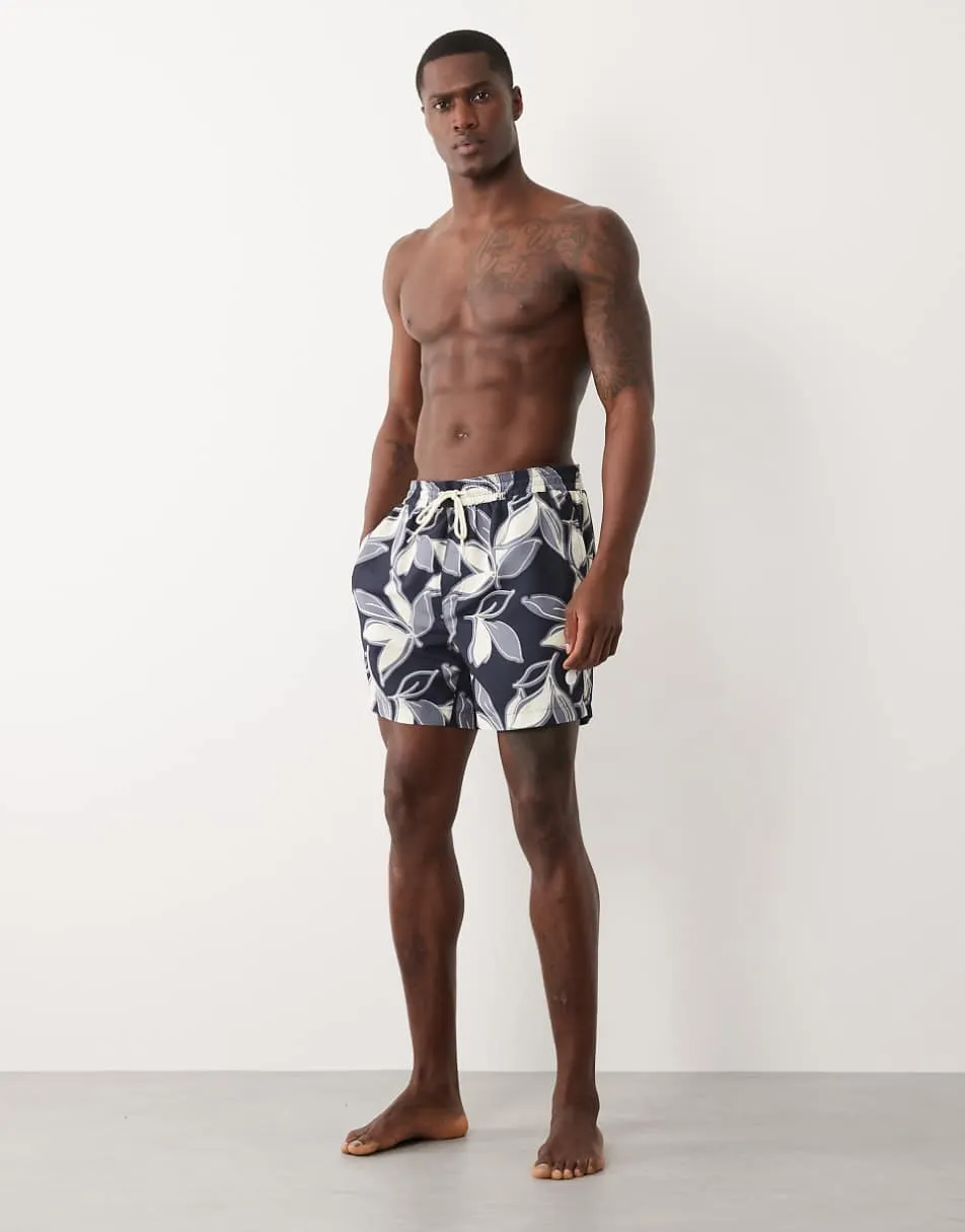 Threadbare drawcord waist swim shorts with leaf print in navy