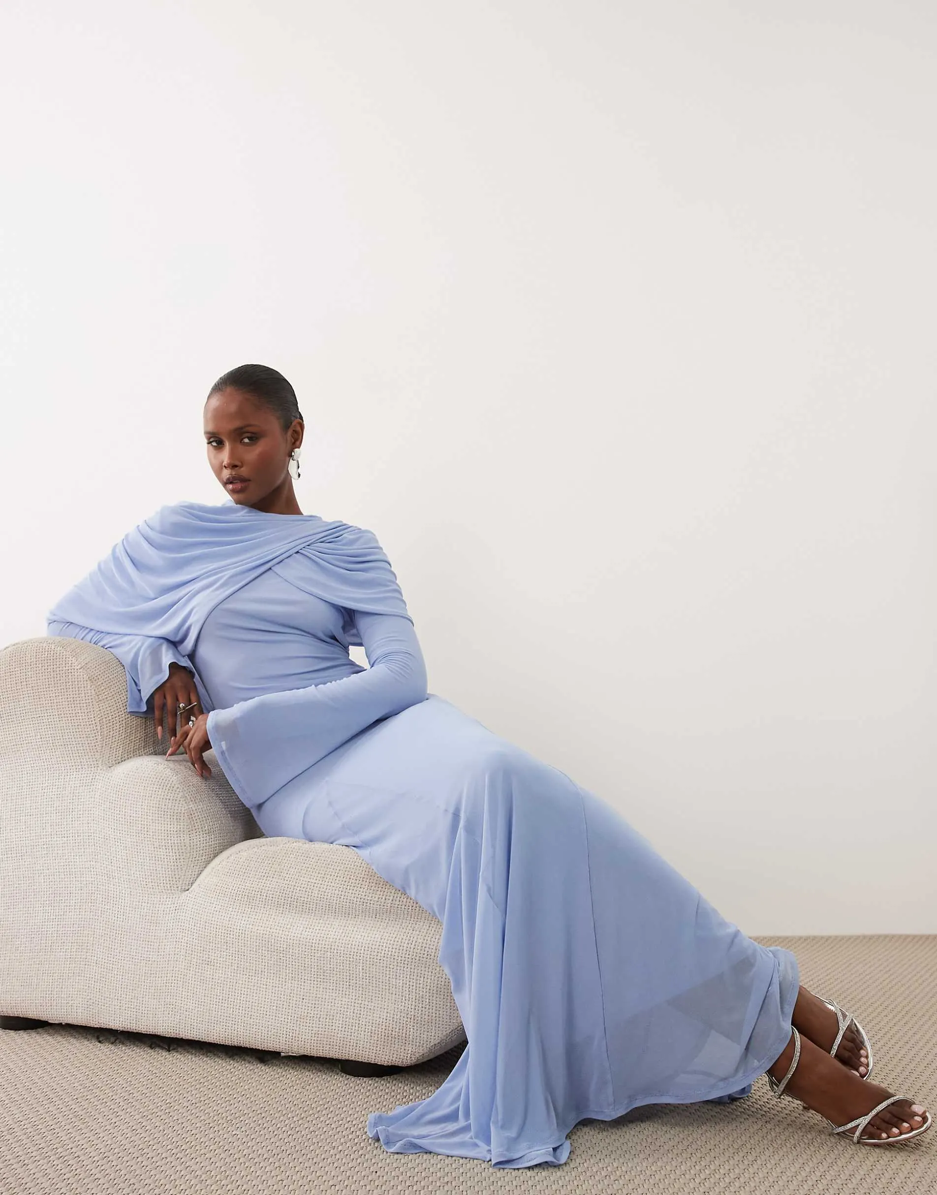 ASOS DESIGN modesty mesh maxi dress with overlay draped neckline detail in pastel blue